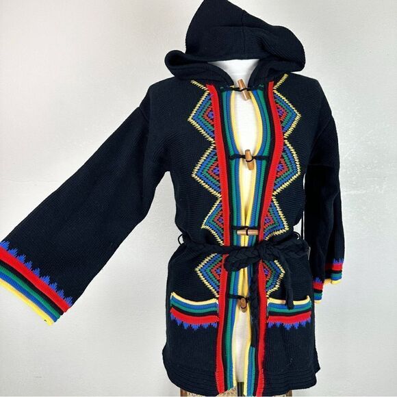 Vintage 70s Rainbow Boho Hippie Hoodie Cardigan Bell Sleeves Cape Sweater Donna - Picture 1 of 10